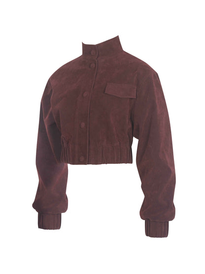 Farryn Mahogany Vegan Suede Cropped Bomber Jacket
