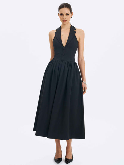 Delaney Black Lapel Halter Midi A-Line Dress