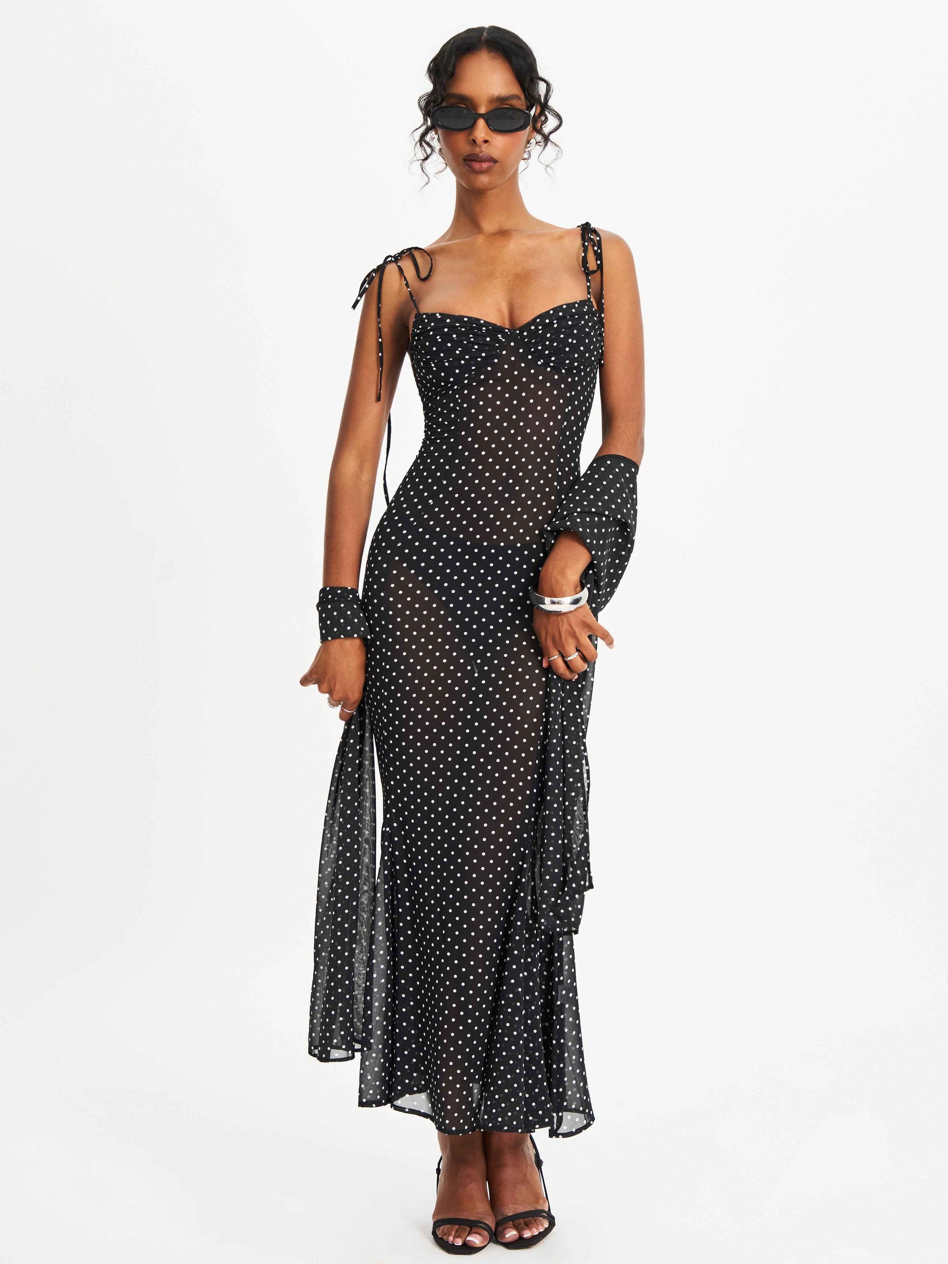 Yadira Black Base Polka Dot Chiffon Maxi Dress