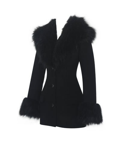 Hailee Black Single Breasted Wool Blend Mini Coat with Removable Fur Lapel