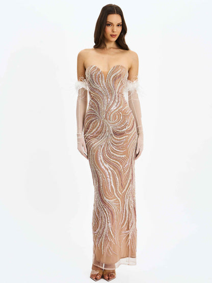 Quinci Apricot Beaded Sequin Sweetheart Maxi Dress
