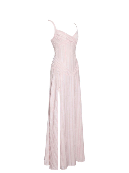 Mallory Baby Pink Stripe Jacquard High Slit Gown