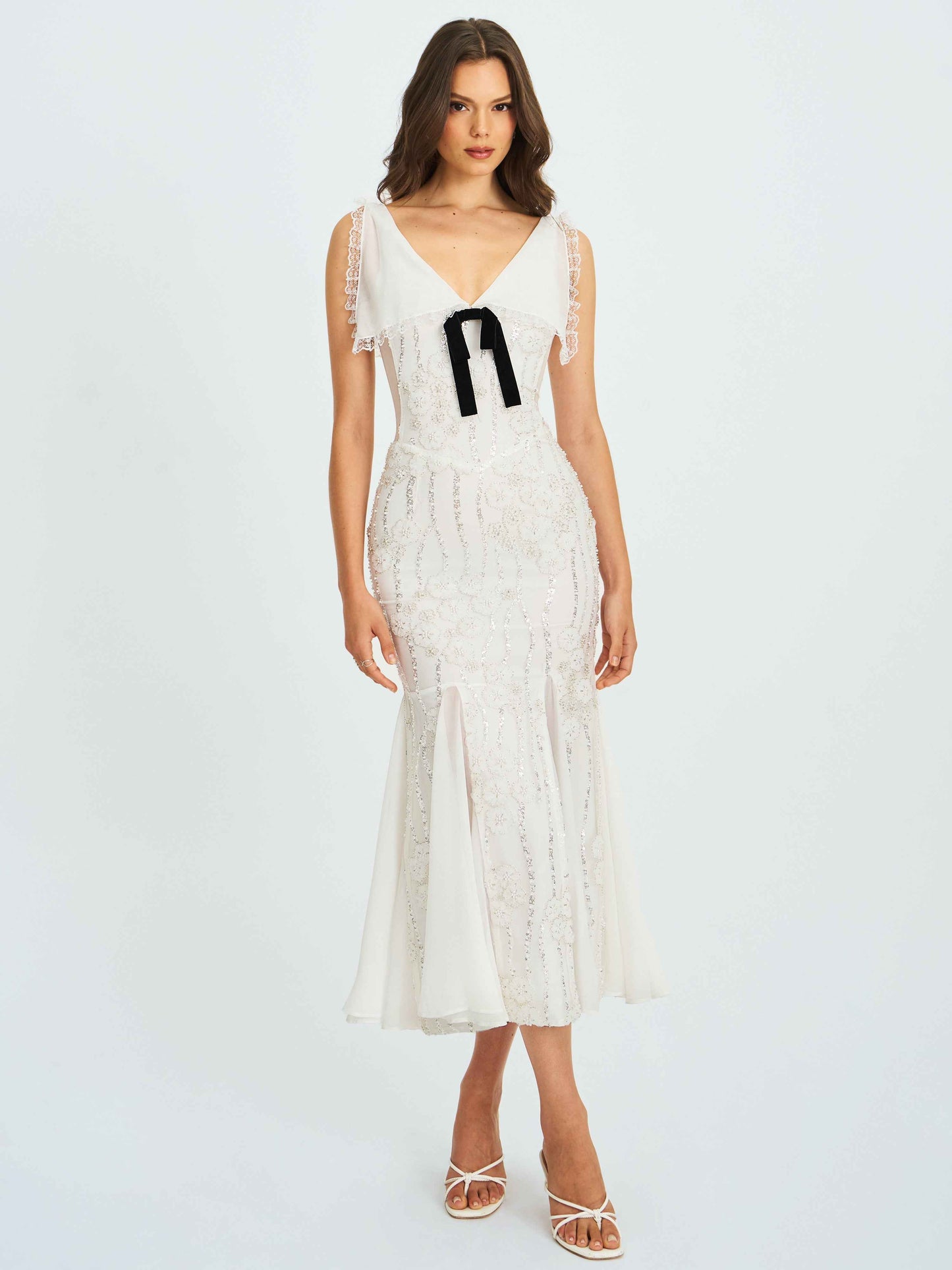 Paola White Peter Pan Collar Beaded Sequin Mermaid Midi Dress