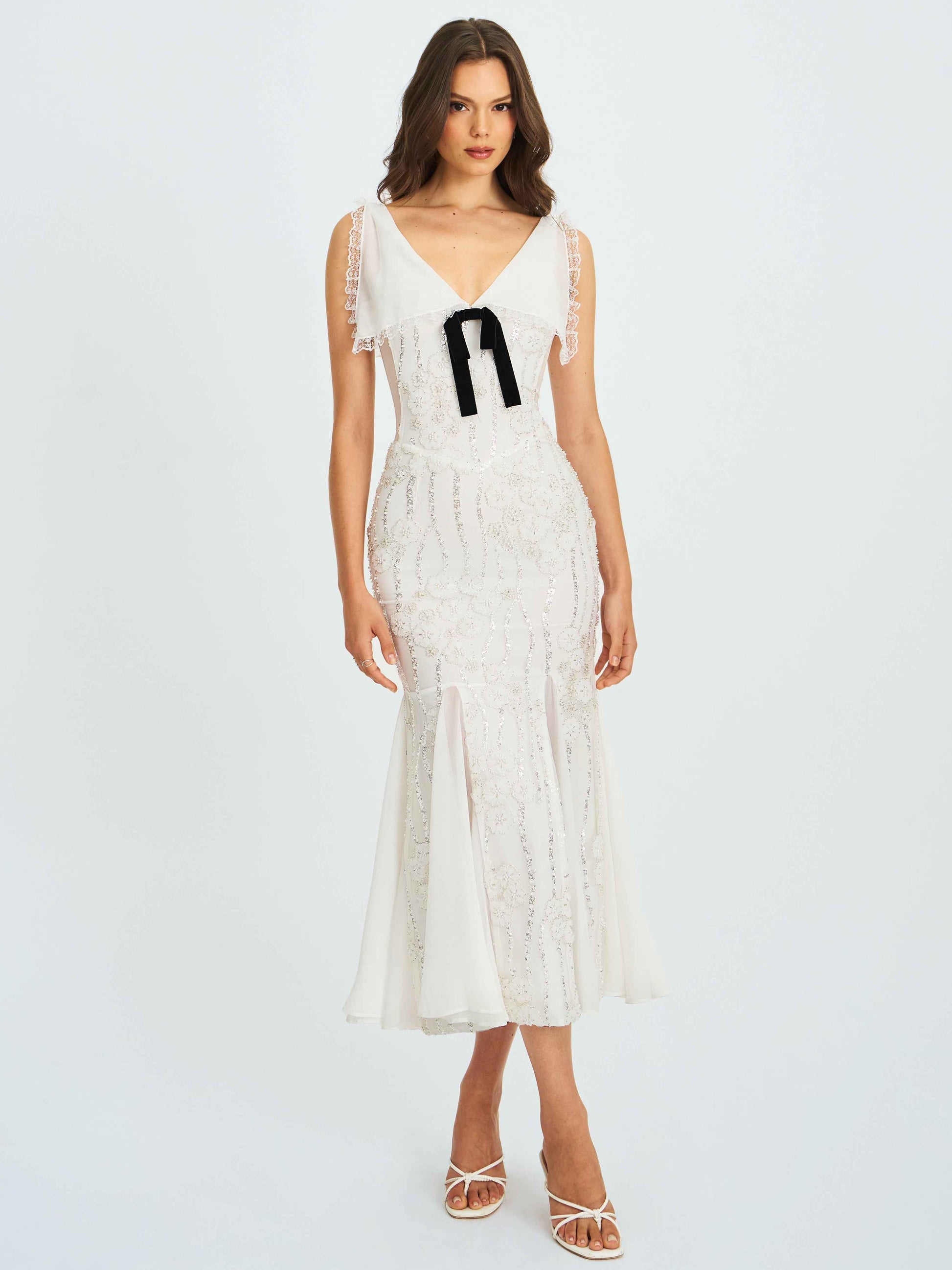 Paola White Peter Pan Collar Beaded Sequin Mermaid Midi Dress