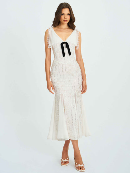 Paola White Peter Pan Collar Beaded Sequin Mermaid Midi Dress