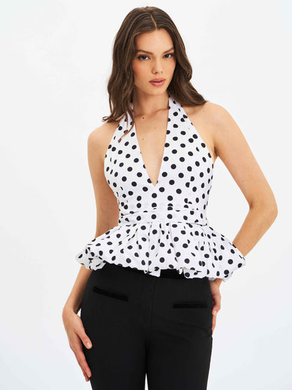 Ilene White and Black Polka Dot Bubble Hem Halter Top