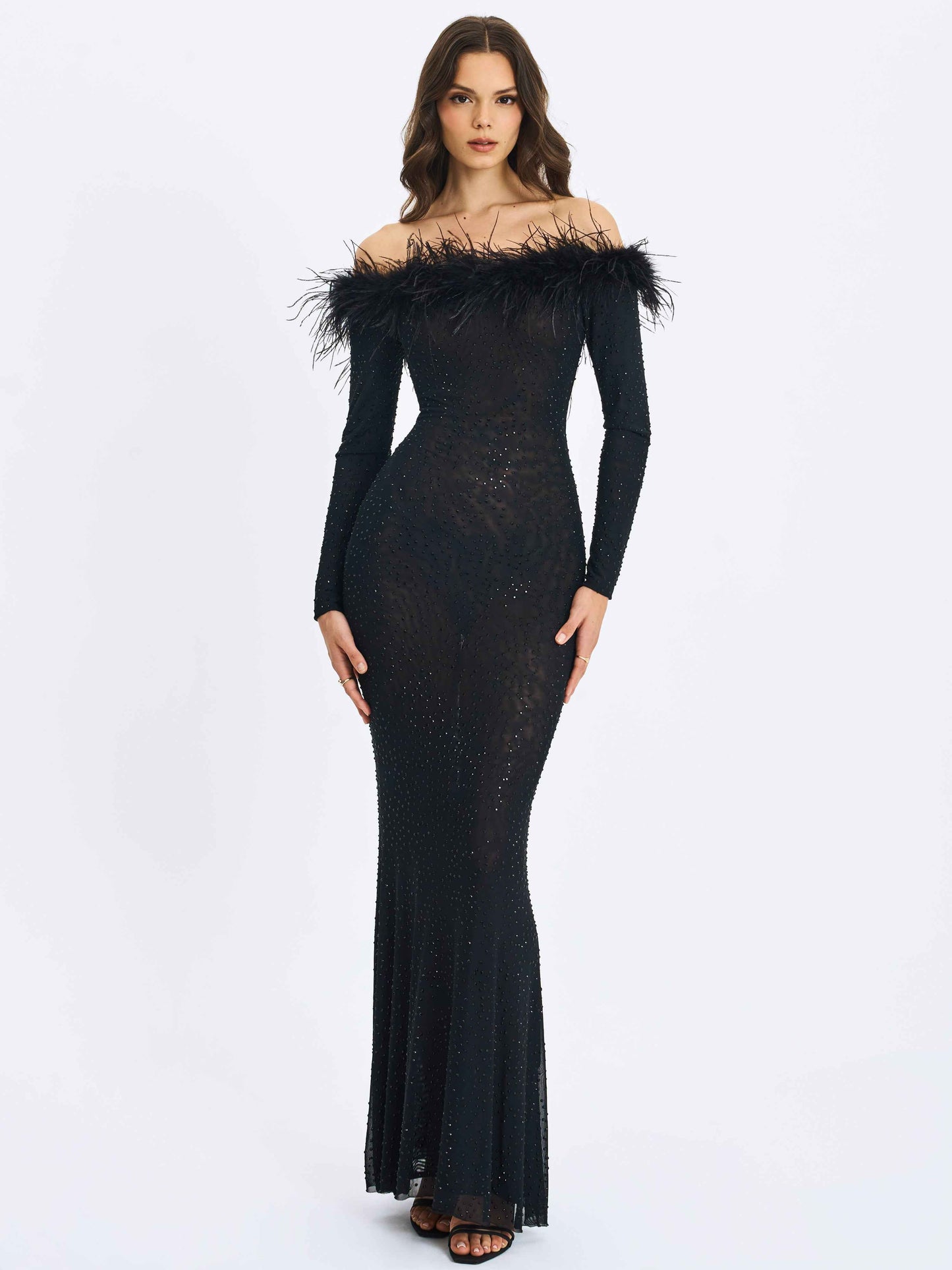 Emberly Black Fur Trimmed Off-Shoulder Rhinestone Mermaid Maxi Dress
