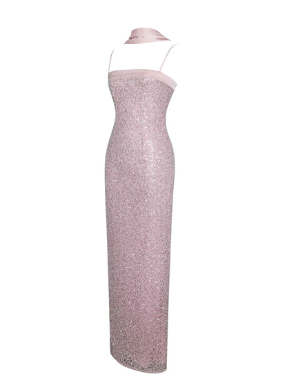 Raizel Pink Beaded Sequin Bodycon Gown with Scarf