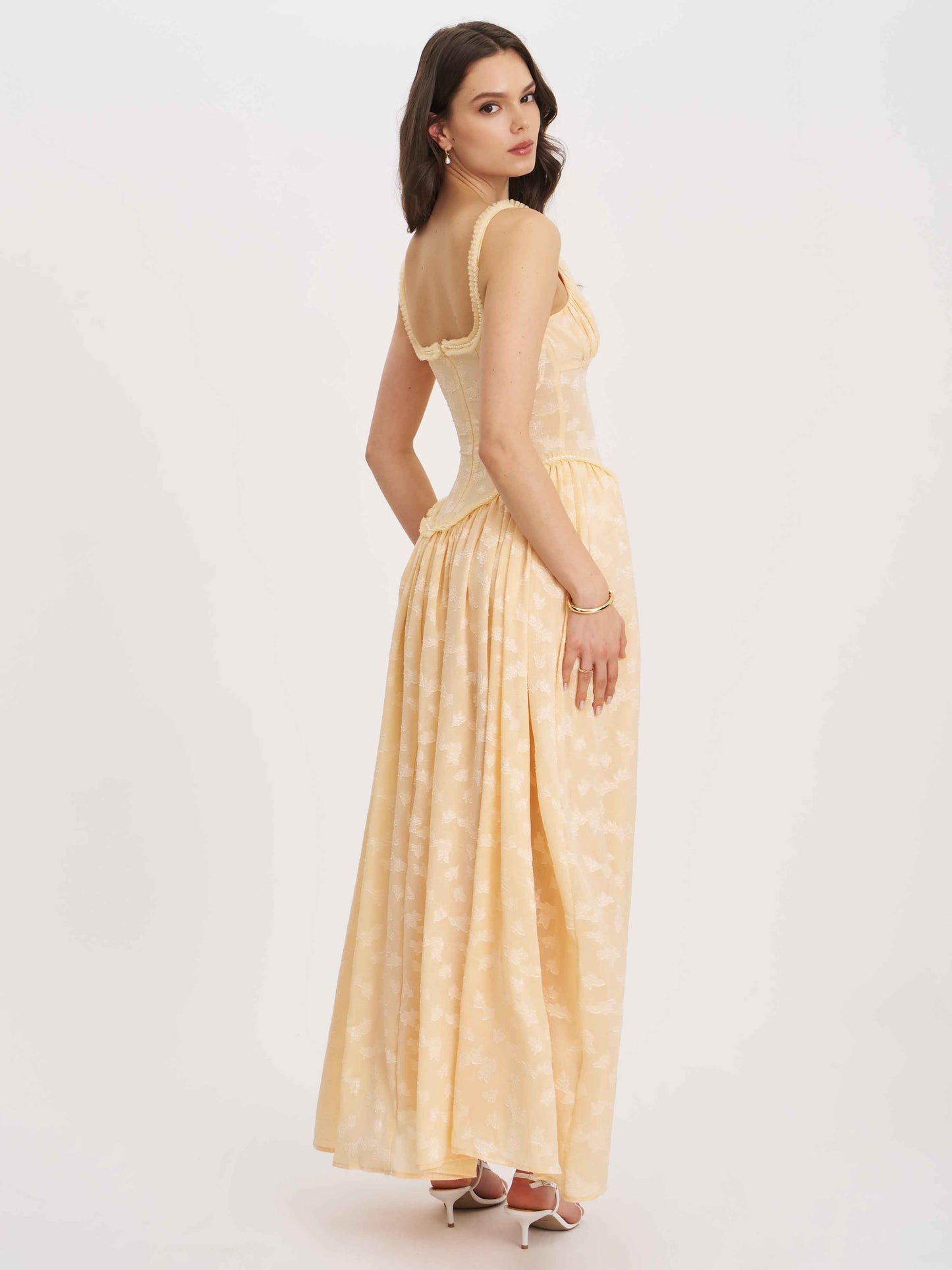 Ulissa Orange Square Neck Jacquard Textured High Slit Maxi Dress