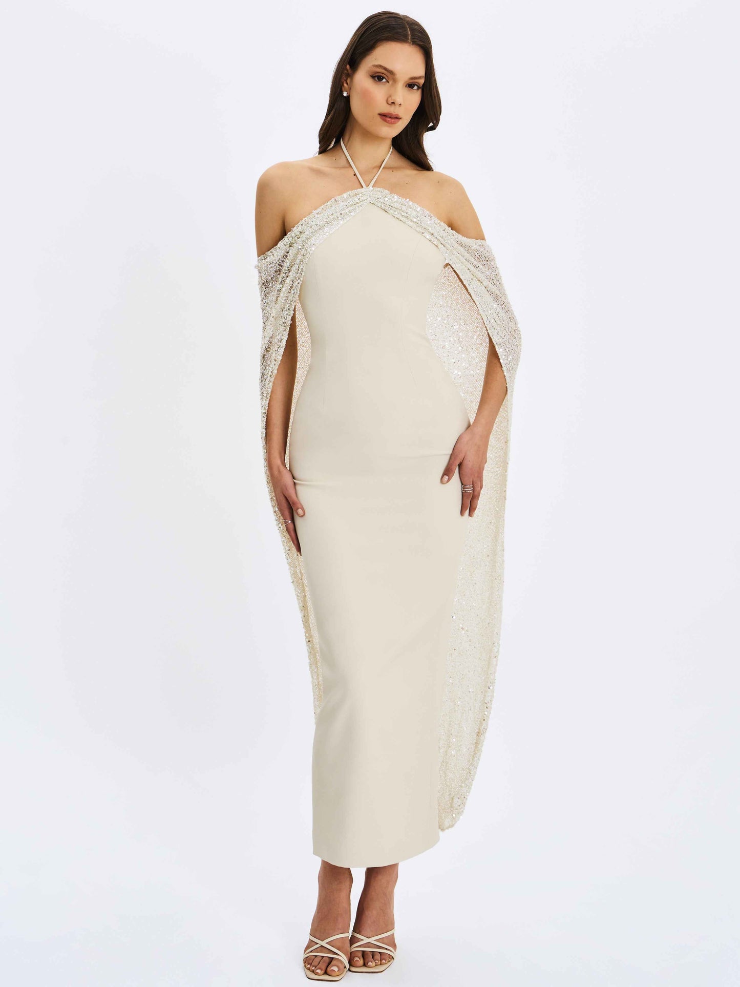 Quimera Almond Beaded Cape Halter Off-Shoulder Maxi Gown