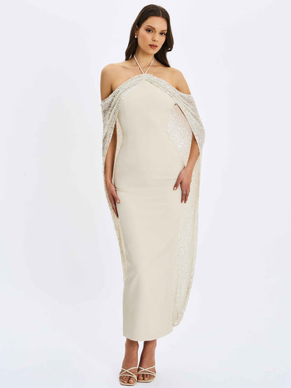 Quimera Almond Beaded Cape Halter Off-Shoulder Maxi Gown