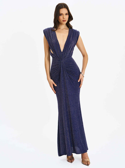 Terri Navy Sparkle Plunging Backless Maxi Dress