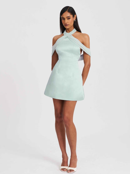 Zafrina Light Cyan Halter Off-shoulder Backless Mini Dress