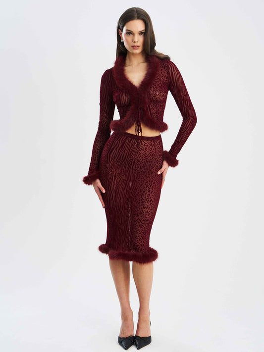 Halia Burgundy Animal Print Burnout Velvet Fur Trim Skirt