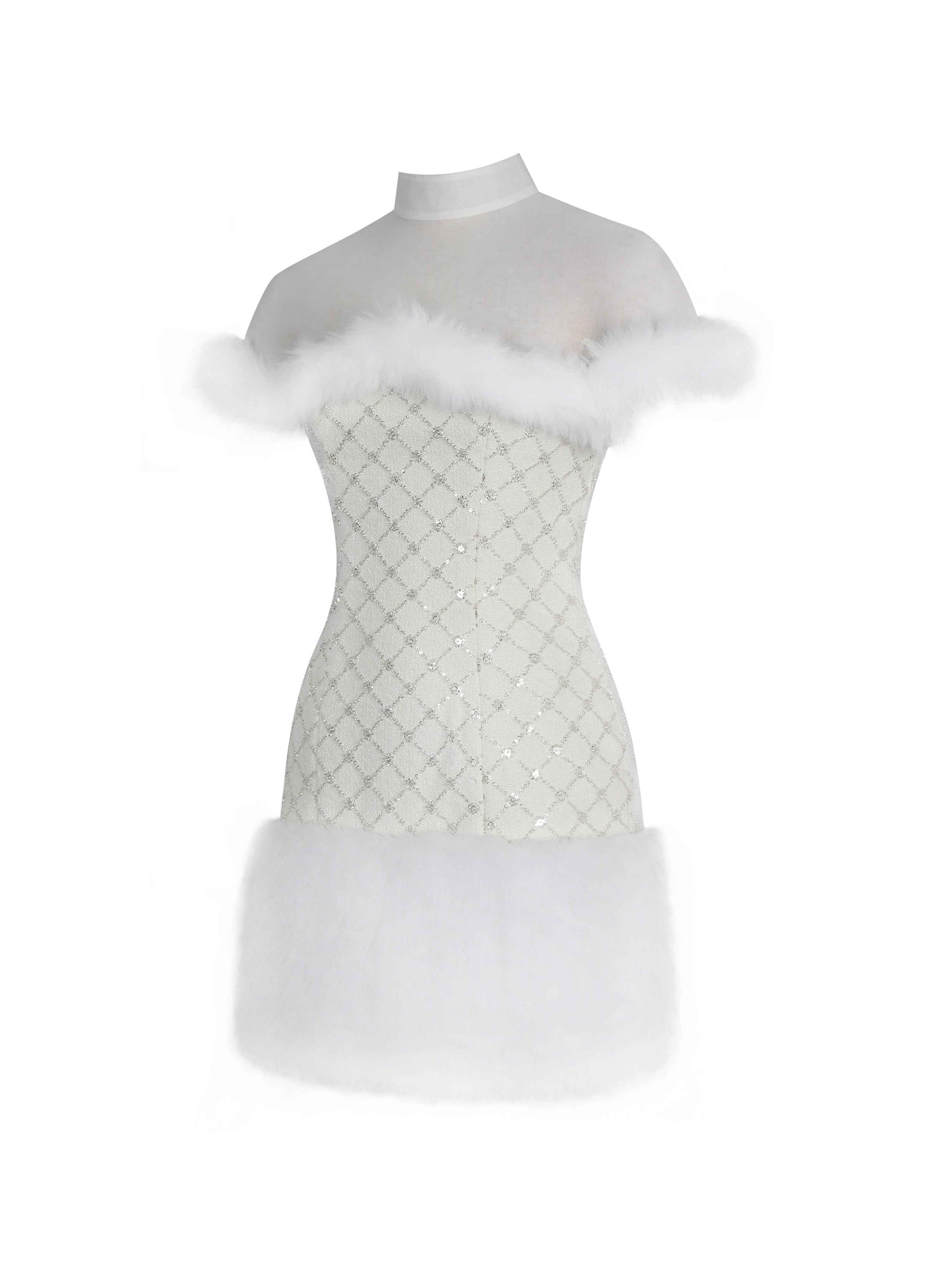 Taylor Ivory Fur Trimmed Beaded Bouclé Mini Dress