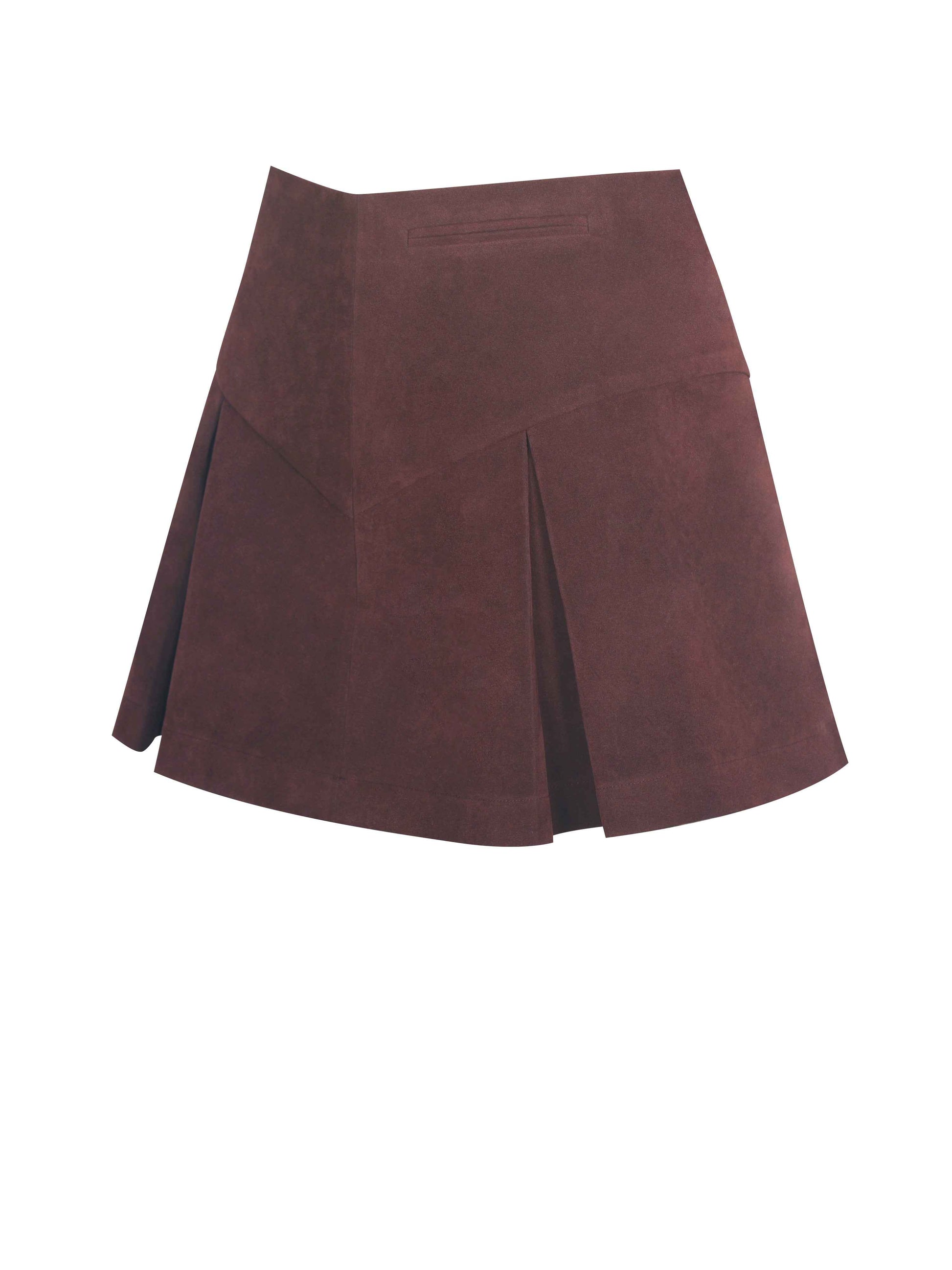 Faryn Mahogany Vegan Suede Pleated A-Line Mini Skirt