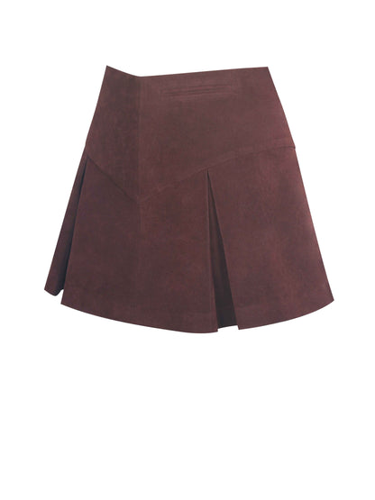Faryn Mahogany Vegan Suede Pleated A-Line Mini Skirt