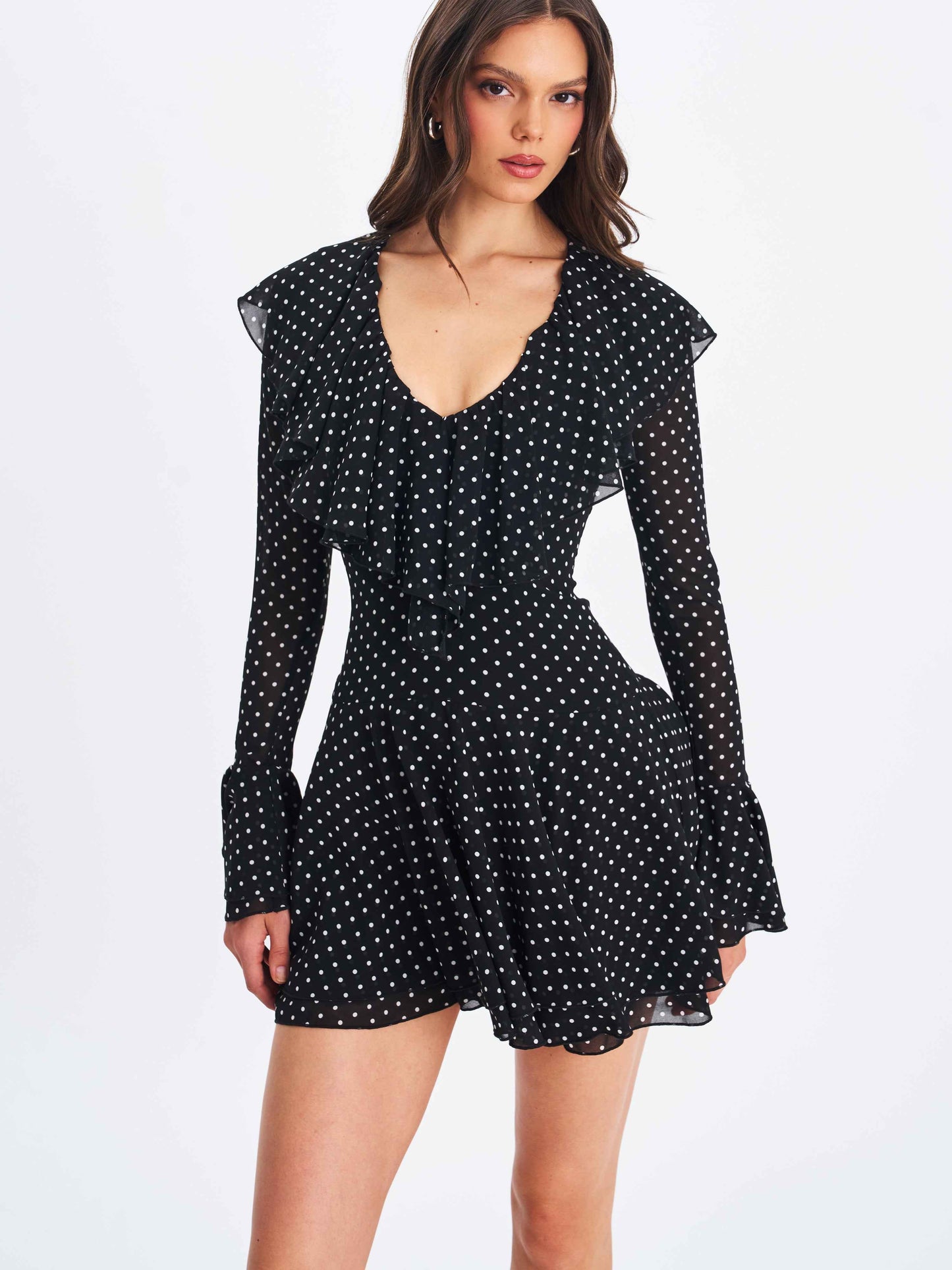 Omari Black Chiffon Polka Dot Ruffled Neckline Mini Dress