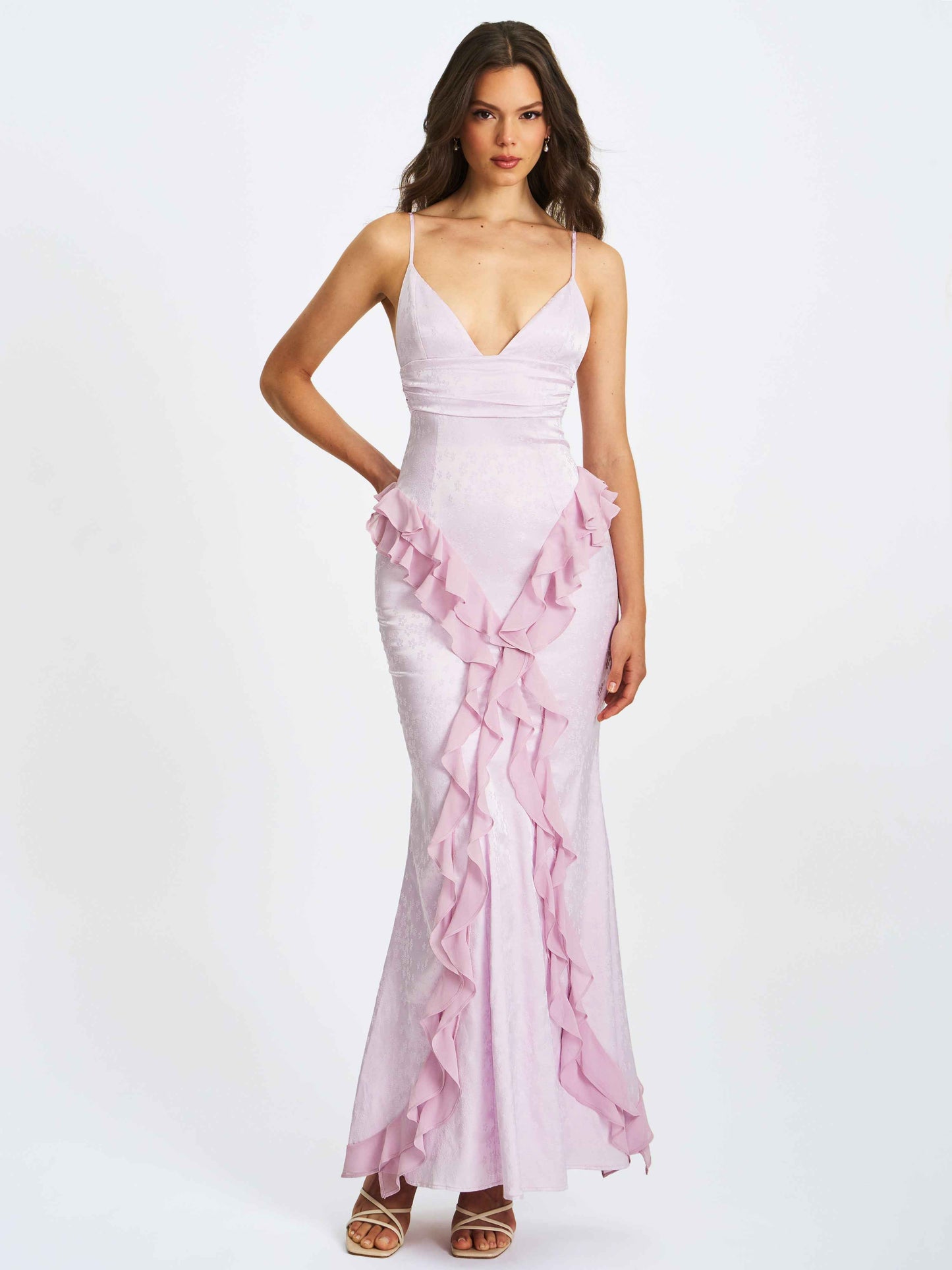 Paolina Taro Pink Jacquard Ruffle Mermaid Maxi Dress