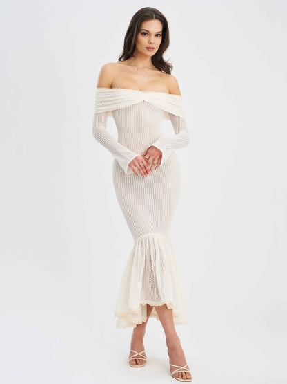 Kaedyn Off Shoulder Long Sleeve Crochet Mermaid Maxi Dress