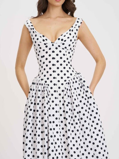 Rahma Polka Dot Drop Waist Midi Cotton Poplin Dress