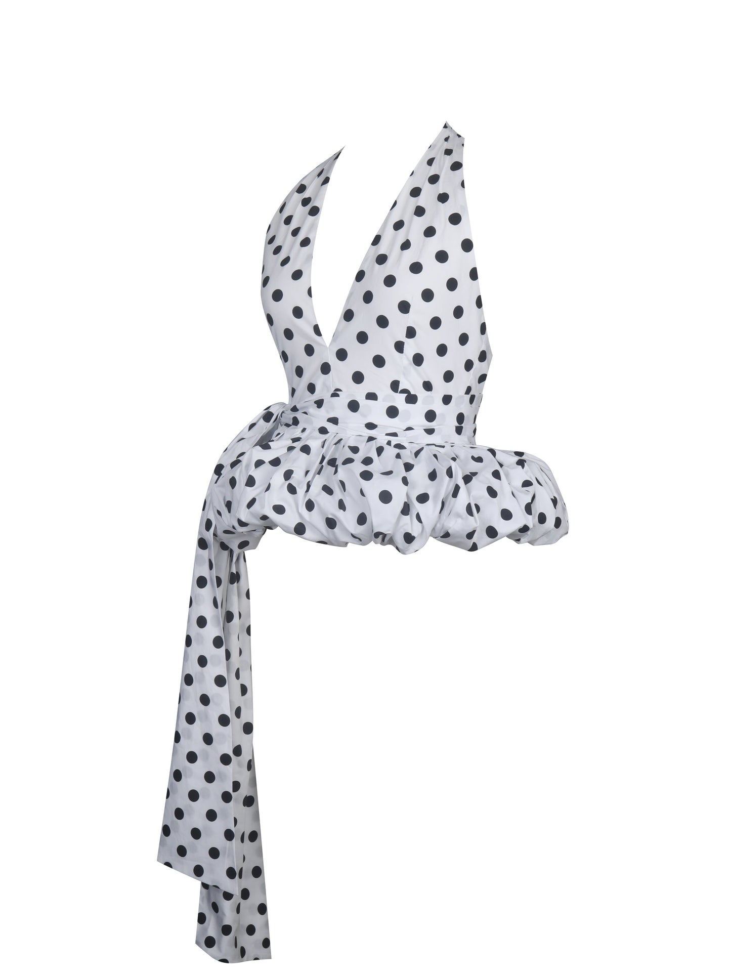 Ilene White and Black Polka Dot Bubble Hem Halter Top