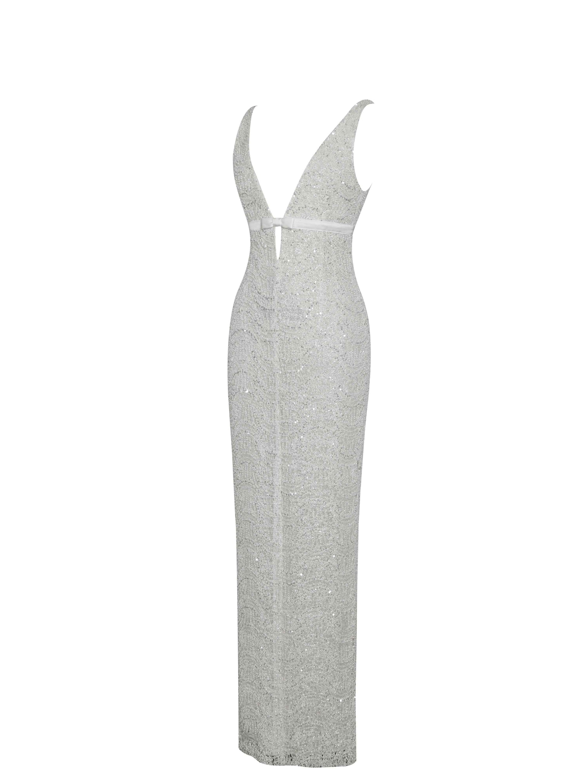 Adelaide White Beaded Sequin Net Bodycon Gown