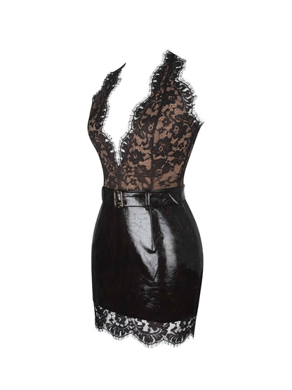 Faris Mahogany Plunging Halter Belted Mini Dress