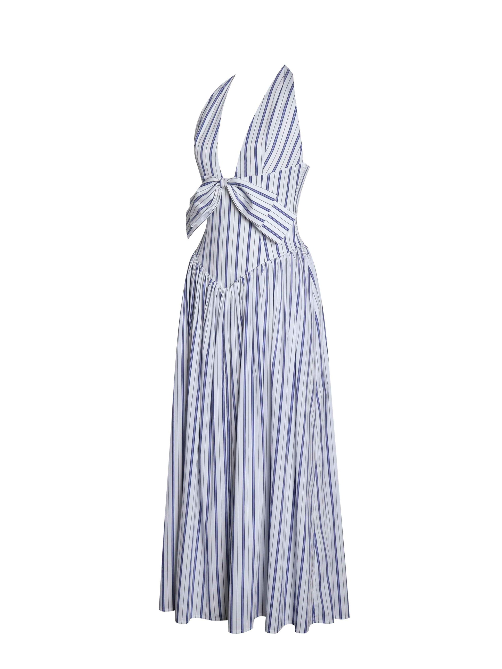 Mackenna Navy Stripe Halter Smock Back Maxi Dress