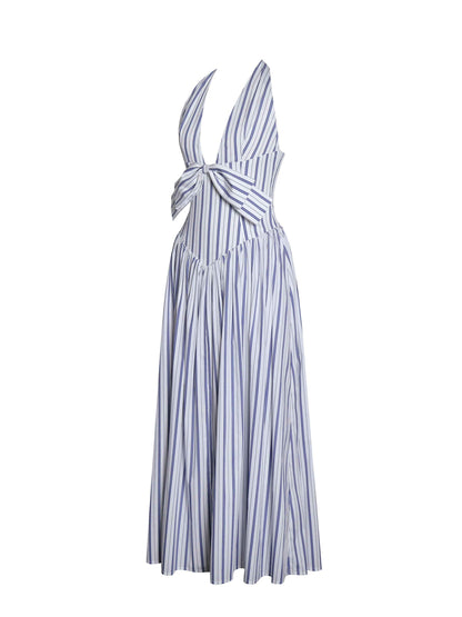 Mackenna Navy Stripe Halter Smock Back Maxi Dress