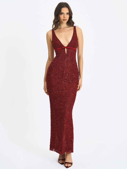 Elora Crimson Sequin Beaded Keyhole Maxi Dress