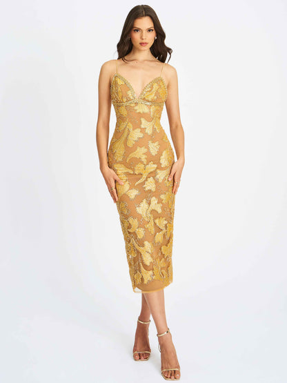 Edie Gold Beaded Sequin Midi Pencil Dress