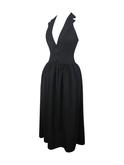 Delaney Black Lapel Halter Midi A-Line Dress