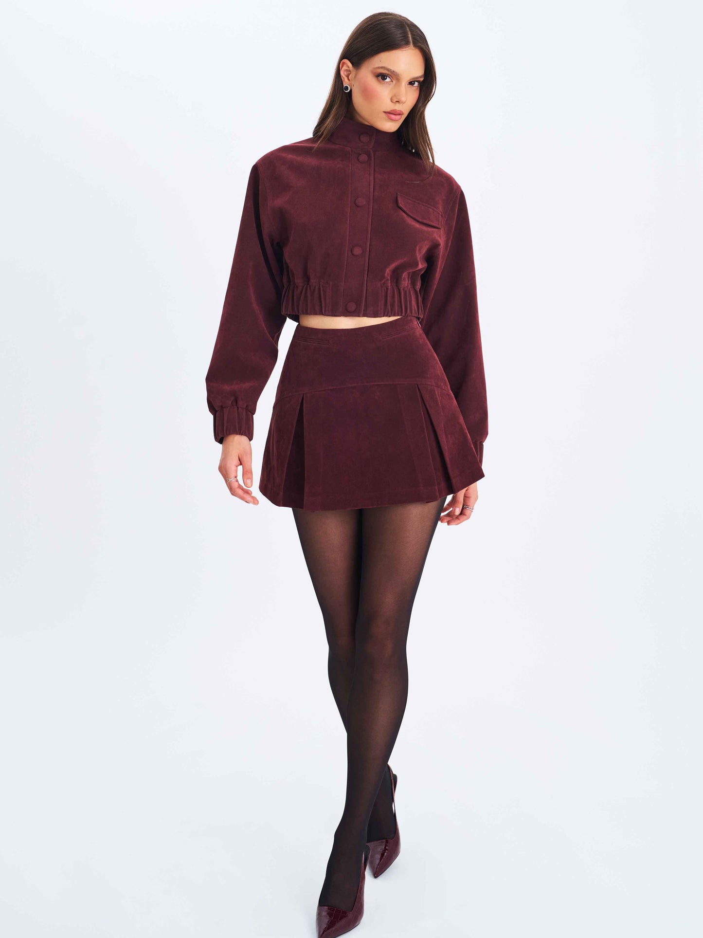 Farryn Mahogany Vegan Suede Cropped Bomber Jacket