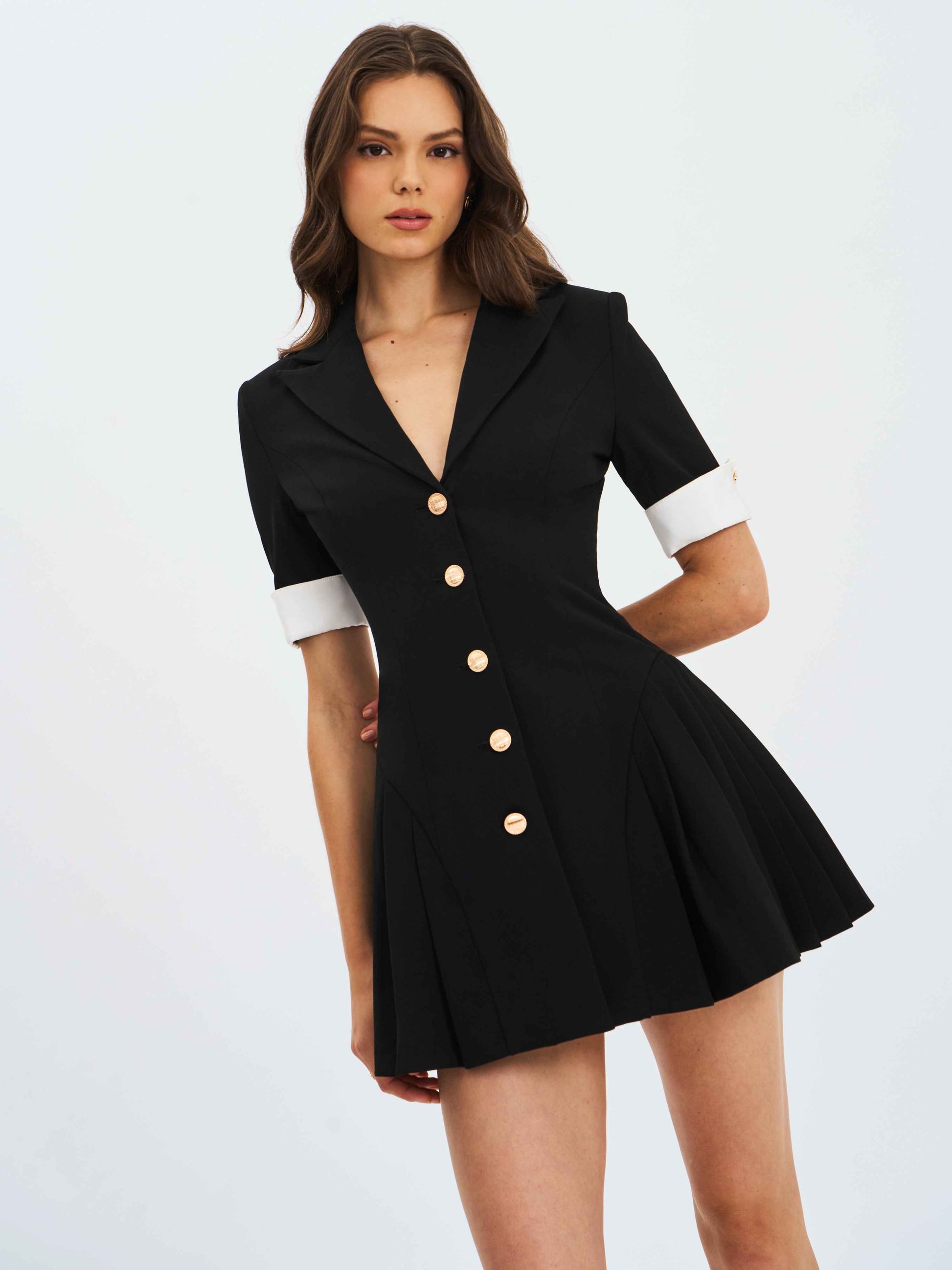 Ilitha Black Woven Crepe Pleated Mini Blazer Dress
