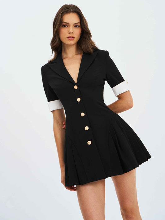 Ilitha Black Woven Crepe Pleated Mini Blazer Dress