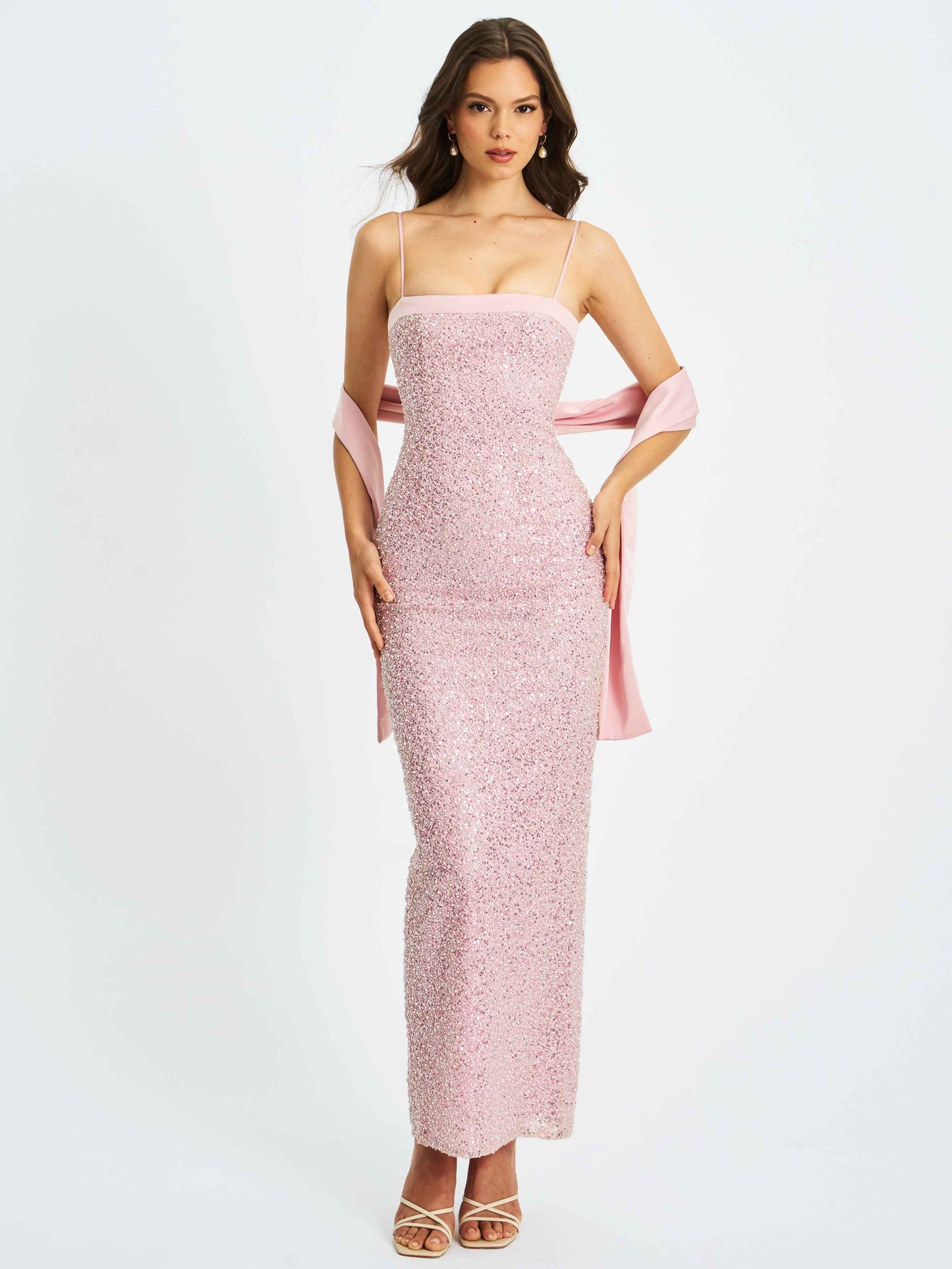 Raizel Pink Beaded Sequin Bodycon Gown with Scarf