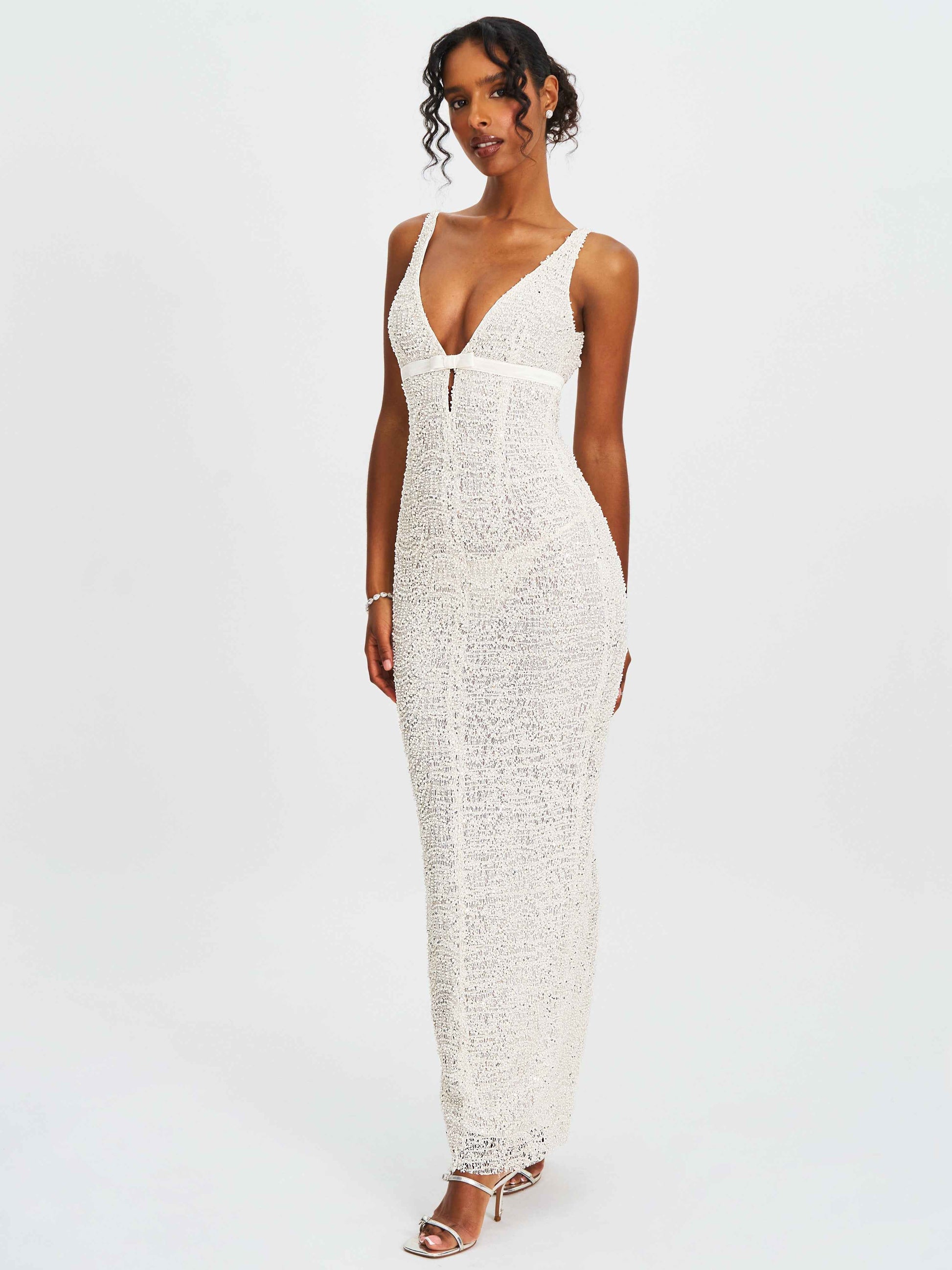 Adelaide White Beaded Sequin Net Bodycon Gown
