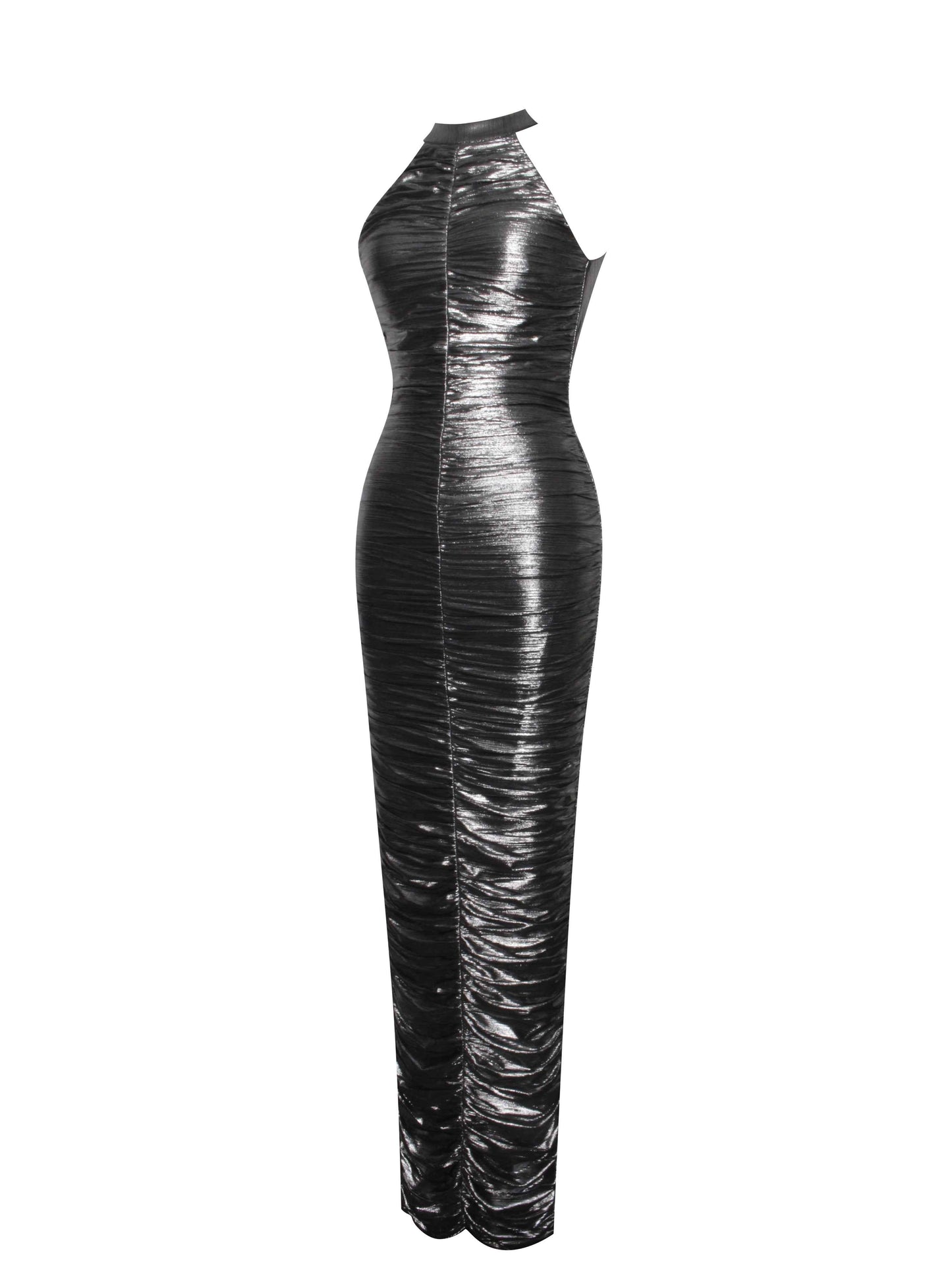 Abril Ruched Silver Glitter Backless Gown