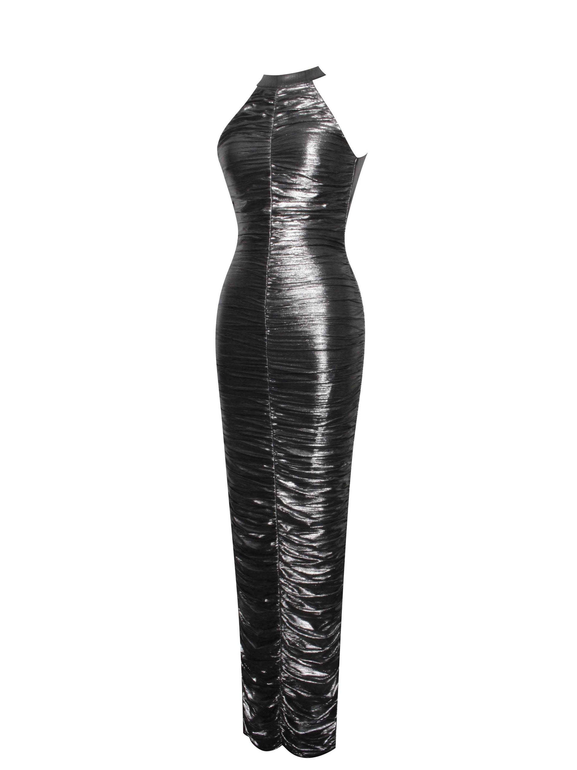 Abril Ruched Silver Glitter Backless Gown