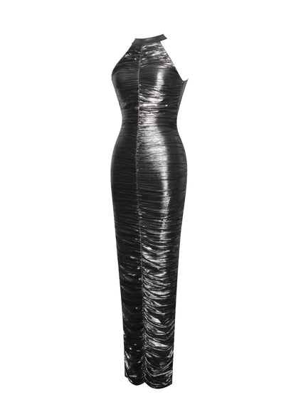 Abril Ruched Silver Glitter Backless Gown