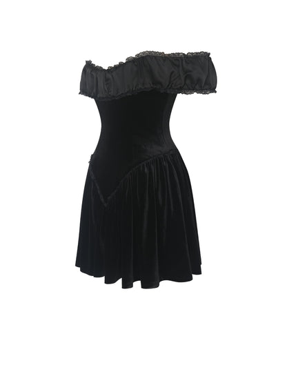 Daisha Black Lace Trimmed Off-Shoulder Ruched Mini Dress