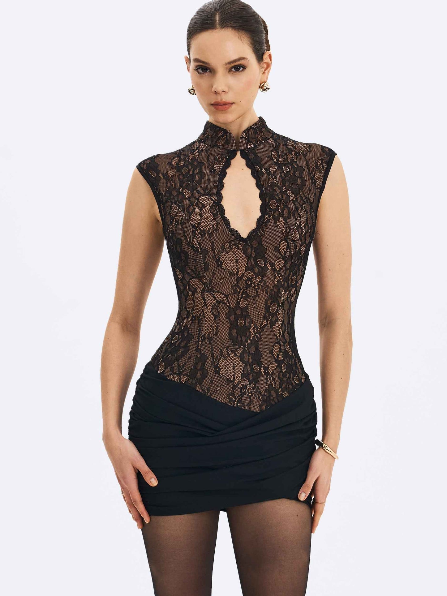 Valerie Black Lace Teardrop Neckline Ruched Mini Dress