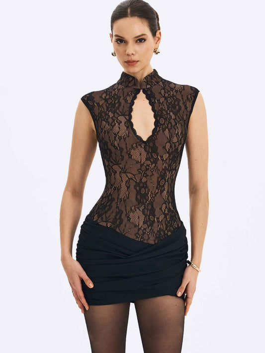 Valerie Black Lace Teardrop Neckline Ruched Mini Dress