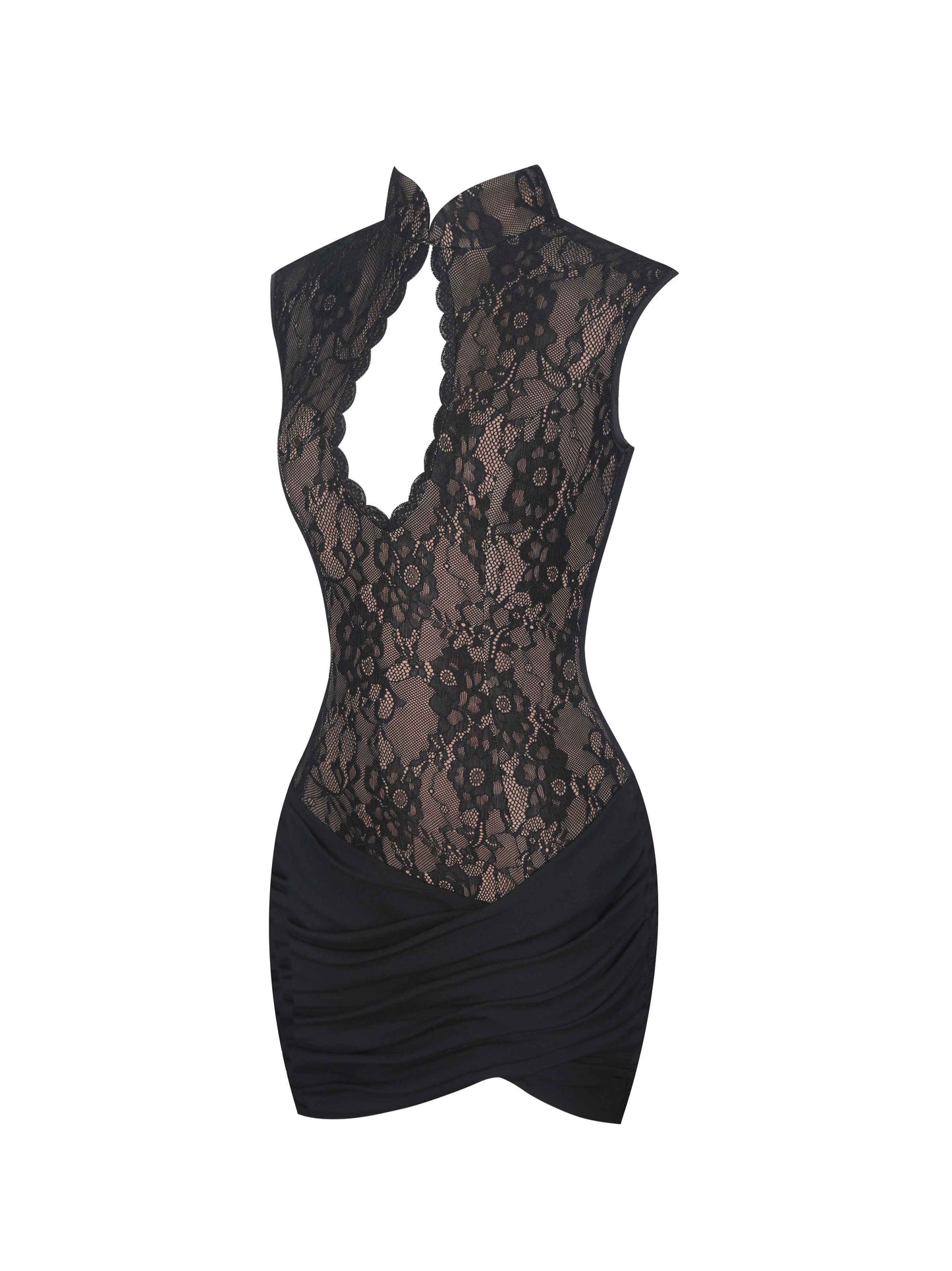 Valerie Black Lace Teardrop Neckline Ruched Mini Dress