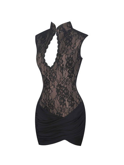 Valerie Black Lace Teardrop Neckline Ruched Mini Dress
