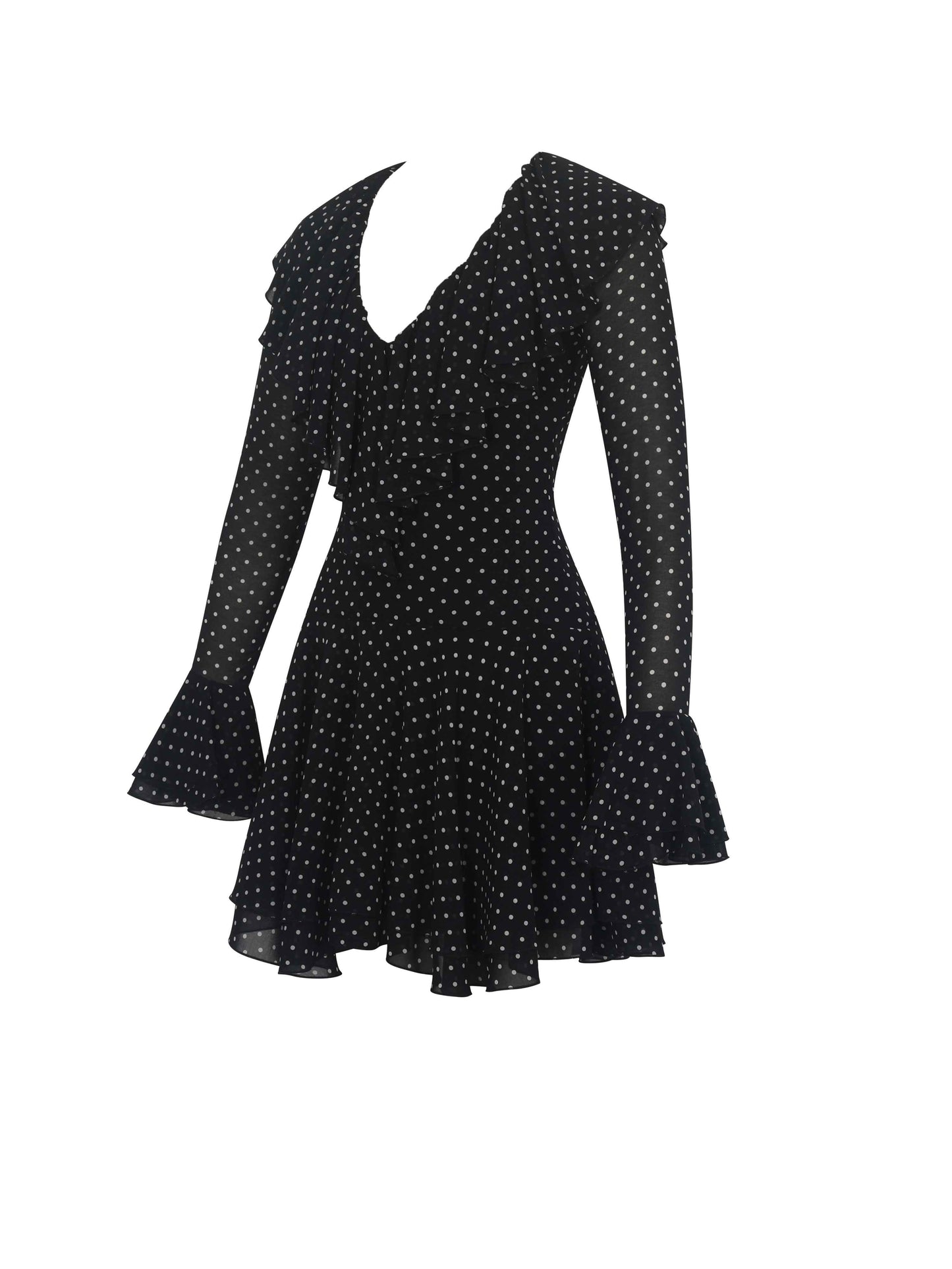 Omari Black Chiffon Polka Dot Ruffled Neckline Mini Dress