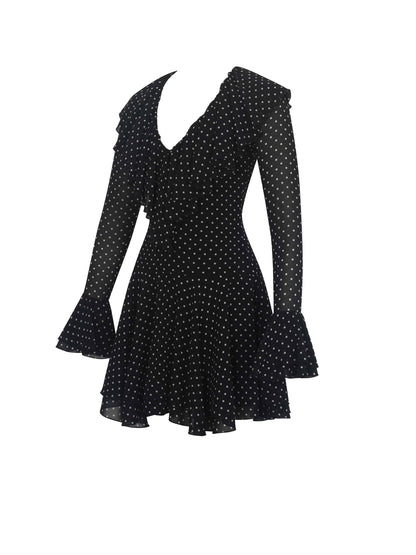 Omari Black Chiffon Polka Dot Ruffled Neckline Mini Dress