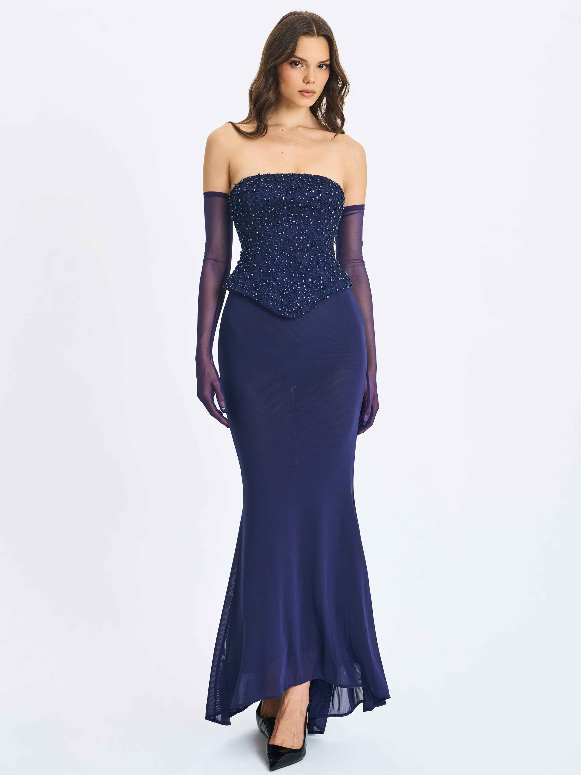Orabelle Navy Beaded Peplum Mermaid Maxi Gown with Lace-up Back