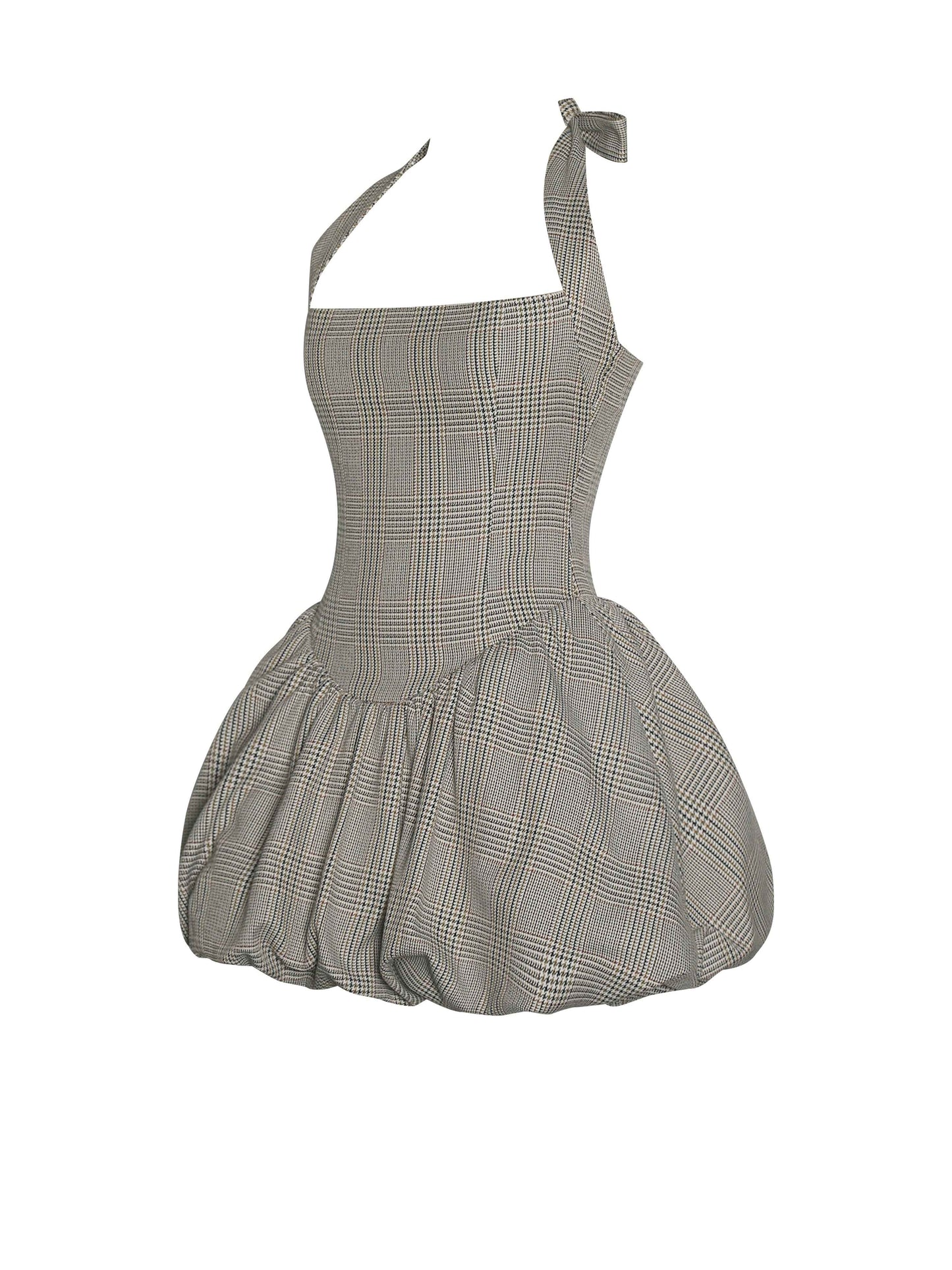 Dacia Plaid Halter Lace-up Bubble Mini Dress